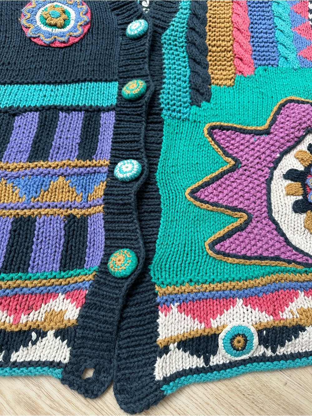 Hand-Knit Patchwork 80s 90s Bold Graphic Quirky Maximalist Oversized Sweater ~ M - Picture 14 of 17